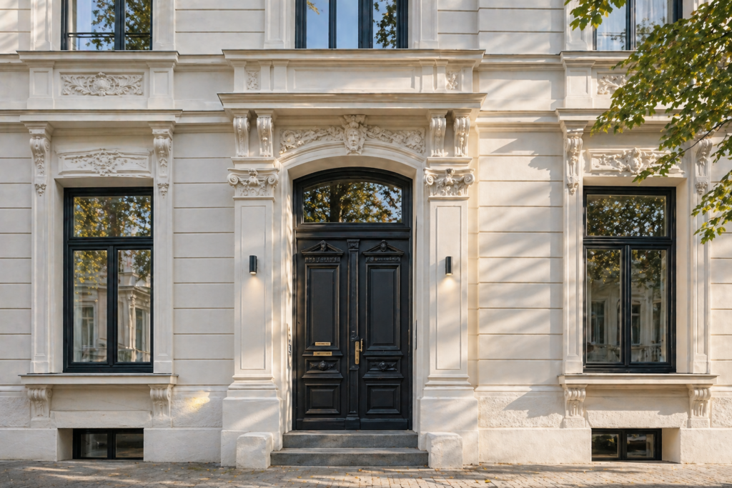 Eingangstür nach Denkmalsanierung mit REWOBAU